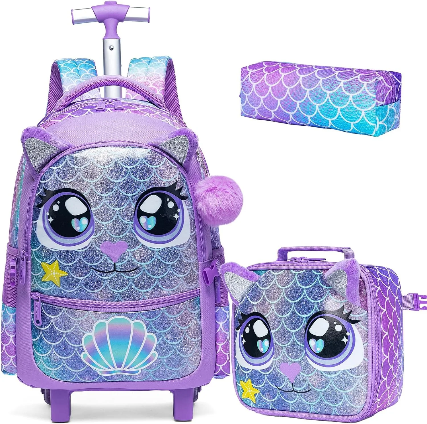 

3PCS Girls Rolling Backpack Set Cute Wheeled School Bags for Elementary Students 3 in 1 Kids Travel Suitcase Carry on Luggage