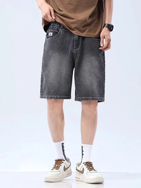 

Летние тонкие пятиточечные винтажные джинсы из ледяного шелка с эластичной резинкой на талии для мужчин, модные повседневные дышащие свободные посадки со звездным узором