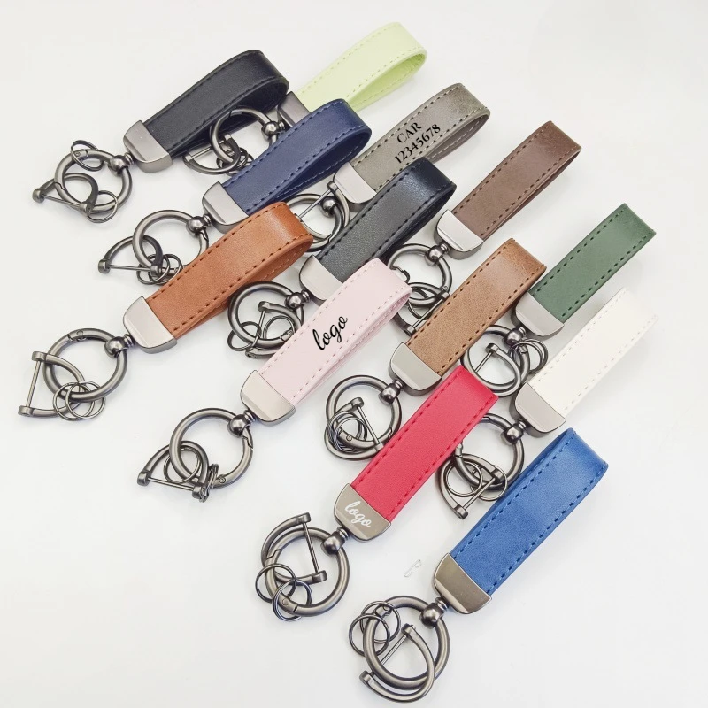 Laser Custom LOGO Discolored Leather Keychain for Men and Women Engrave Car Key Chain Holder Personalize Company Name Keyring