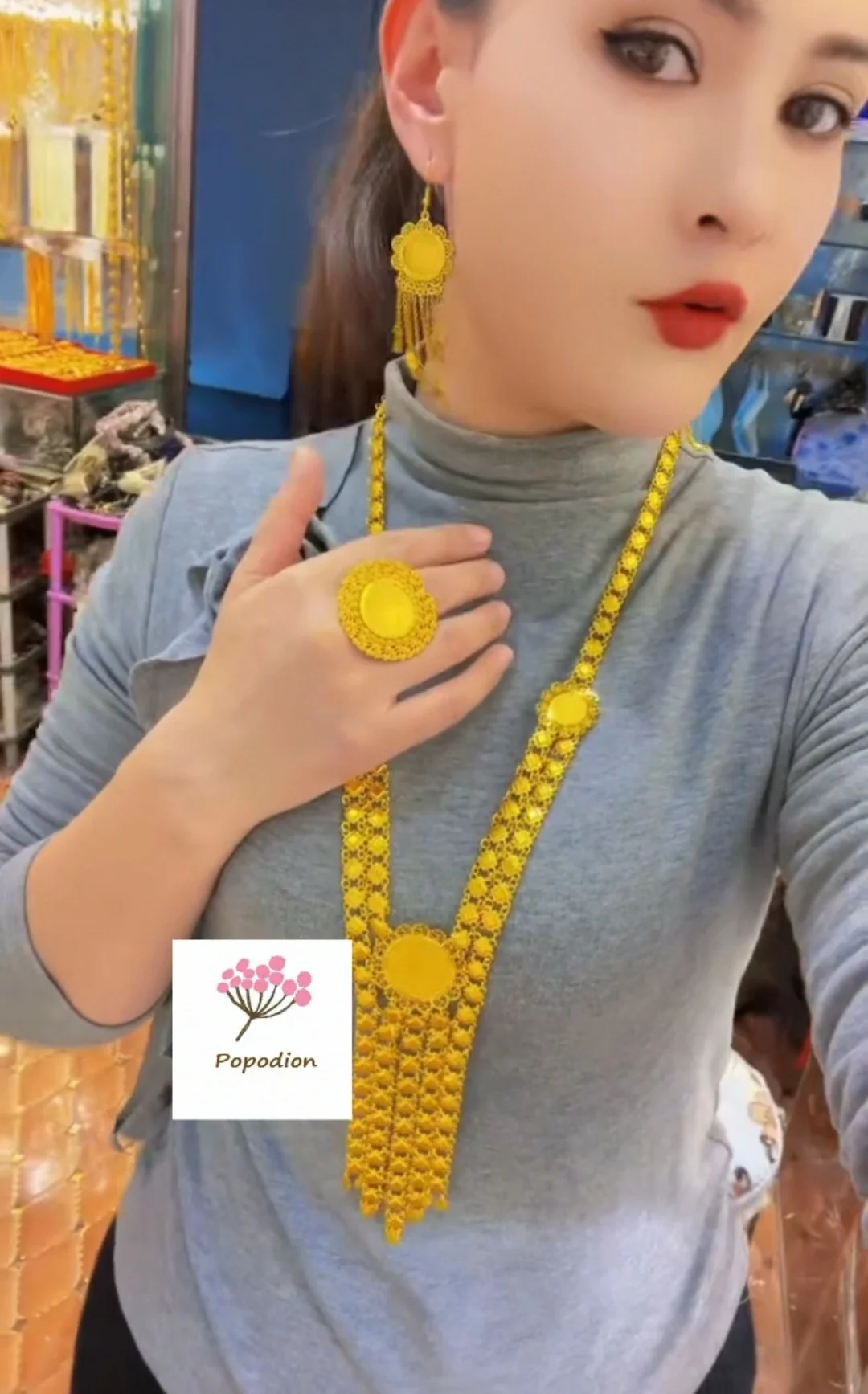 Popodion Nieuwe Dubai 24K Vergulde Bruid Bruiloft Ketting Oorbellen Feest Jubileum Cadeau Sieraden Yy10391