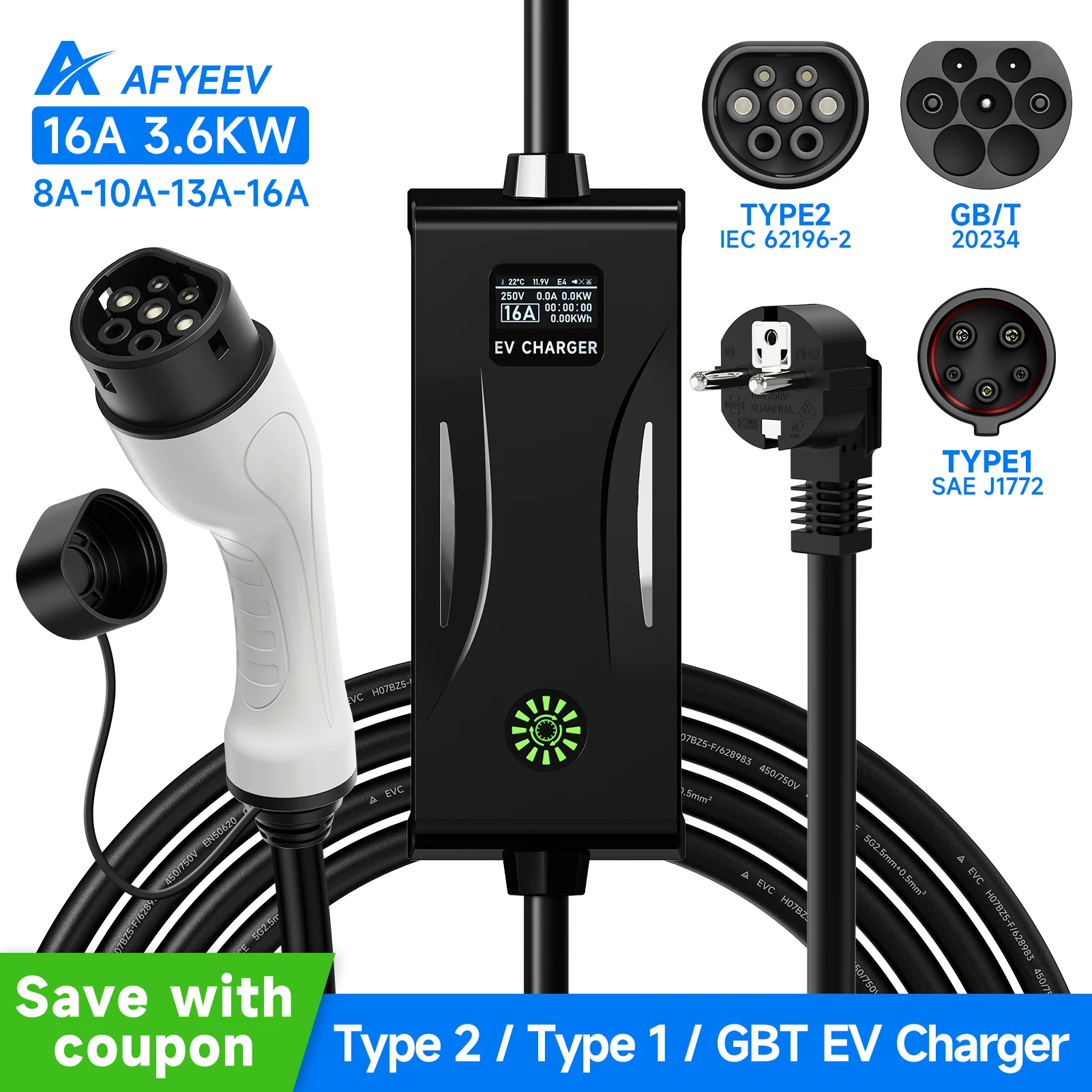 

AFYEEV 3600W Portable Type2 IEC62196-2 EV Charger Type1 SAE J1772 Electric Car Charger GBT EVSE Charging Cable Wallbox EU Plug