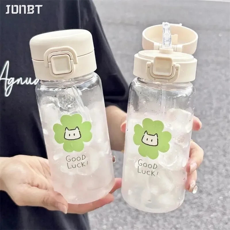 

2PCS Transparent Plastic Straw Water Bottle With Lid and Sticker 500ml Kids Safety Lock Leak Proof Anti-drop Juice Drinkware Cup