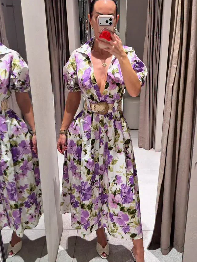 HH Damen Sommer Neuheit: Modisches Lila Blumenmuster-Maxikleid mit Gürtel, Elegantes Kurzarm-Kleid mit Revers und Einreiher