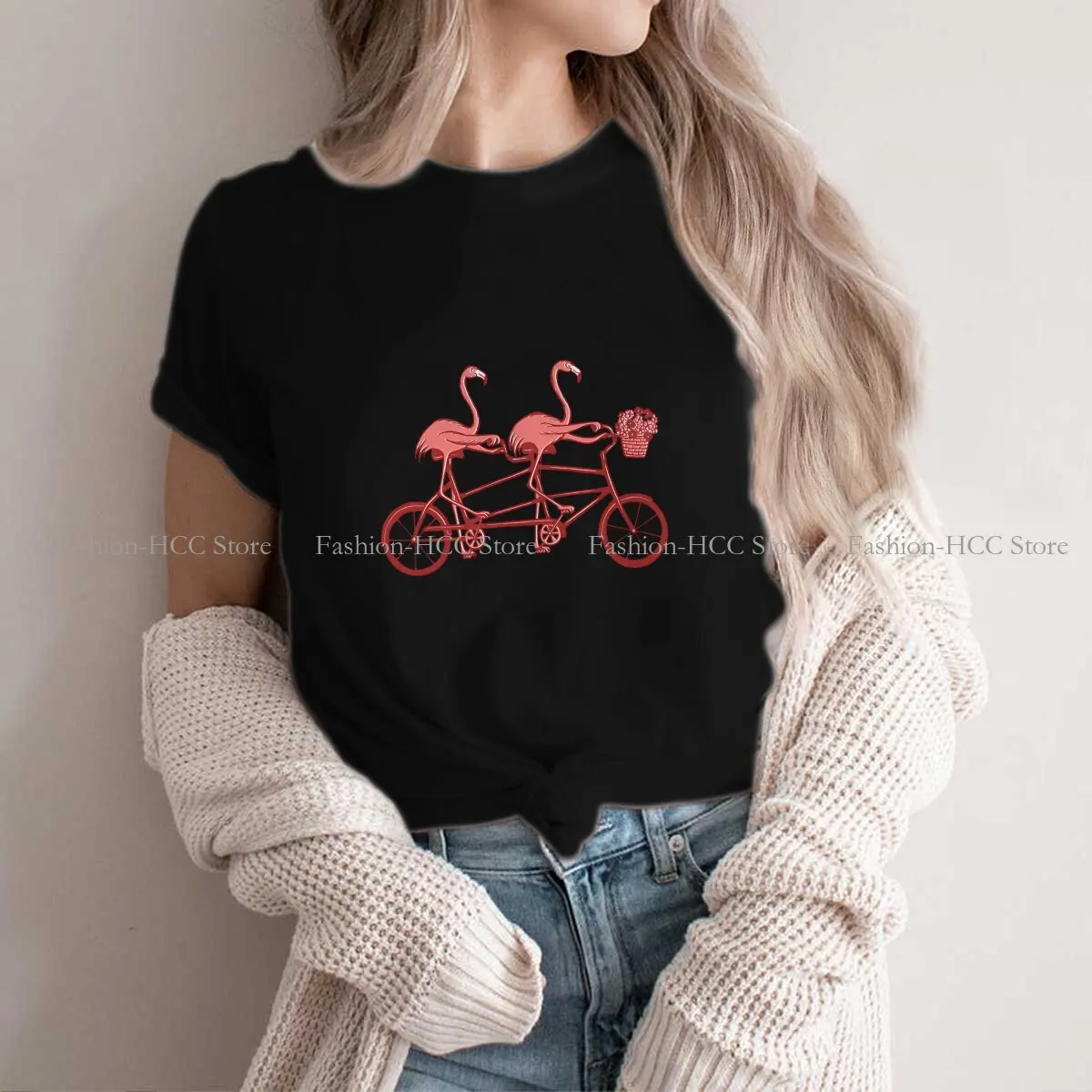 Pink Flamingos On Tandem Bike Round Collar Polyester TShirt Flamingo Animals Original T Shirt Women Clothes