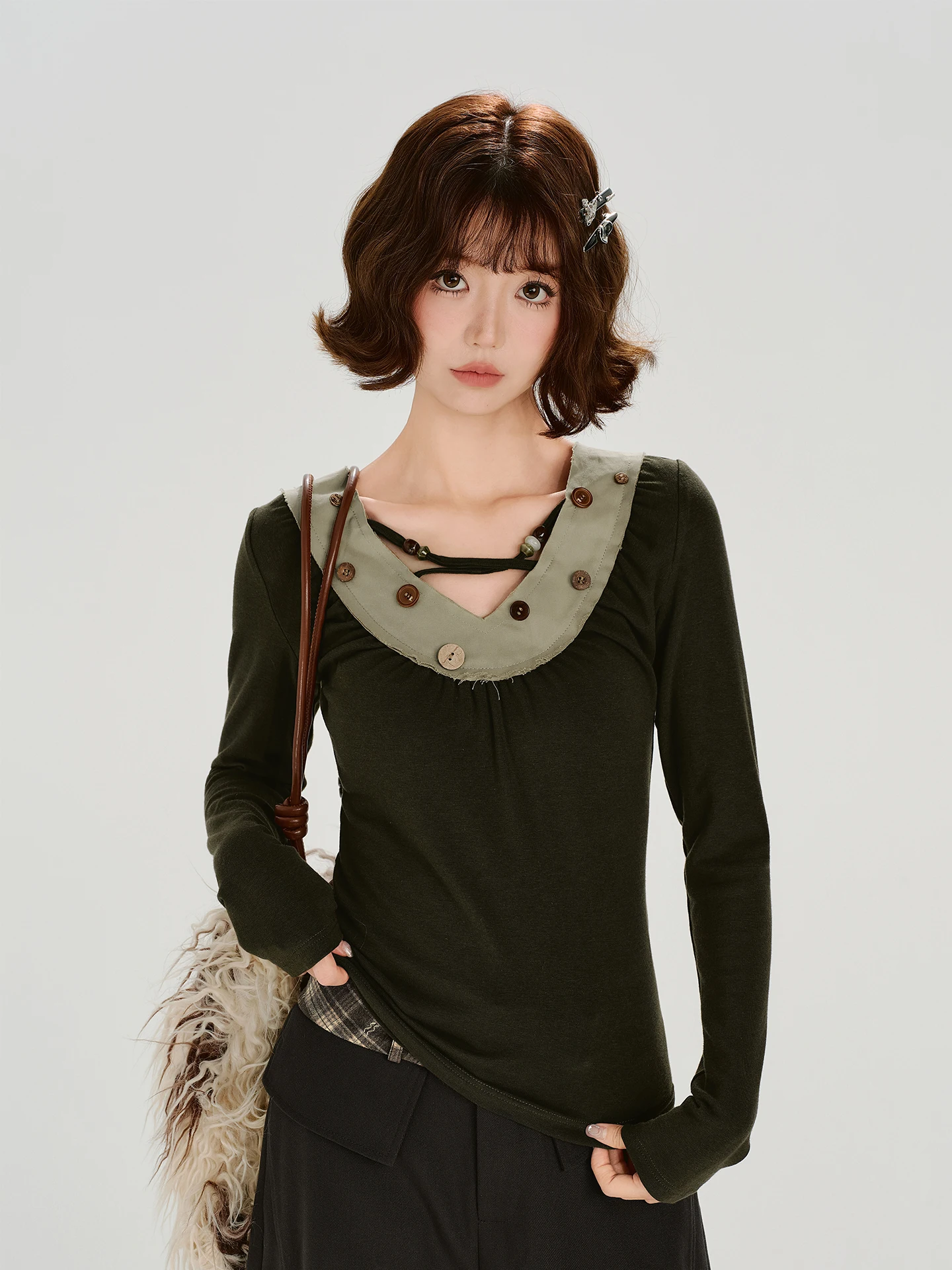 

Girly American Retro Hot Girl Color Blo V-ne Long Sve T-irt Women's Slim Fit Top Casual Sle Autumn New Design