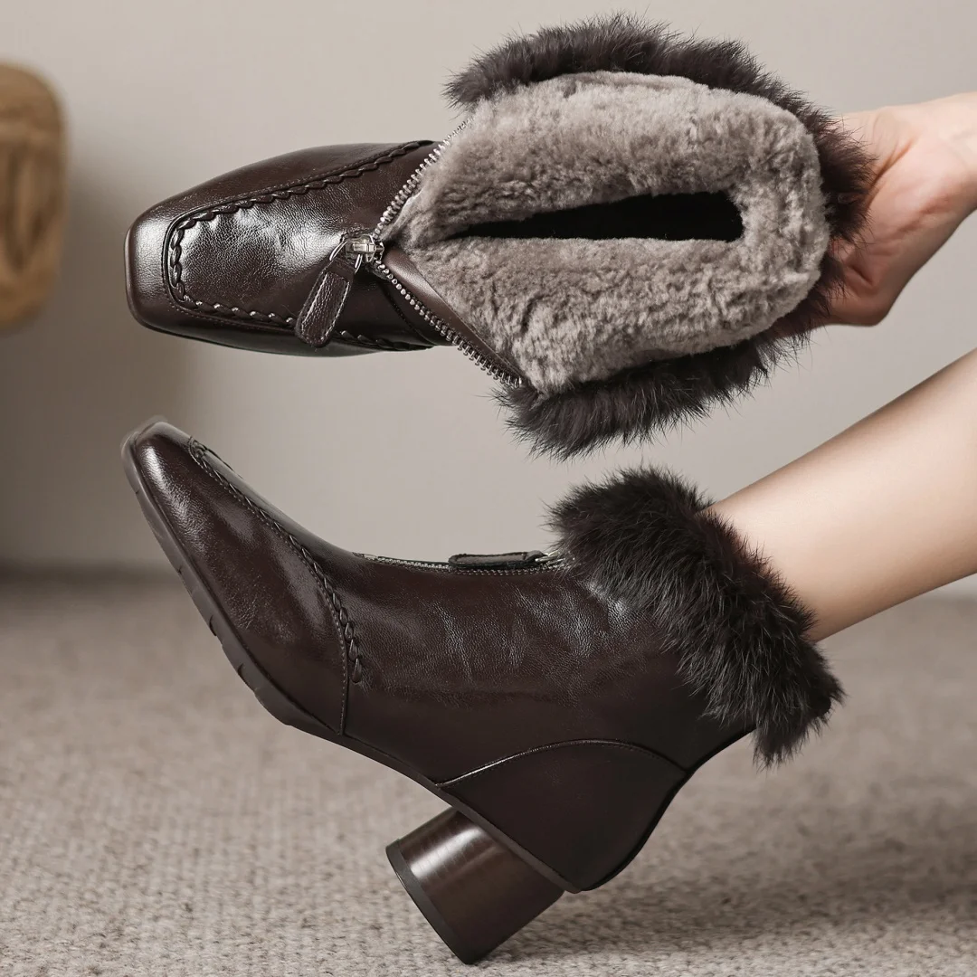 

Women's genuine leather rabbit fur patchwork square toe front zip wool inside winter ankle snow boots 5cm round med heel booties