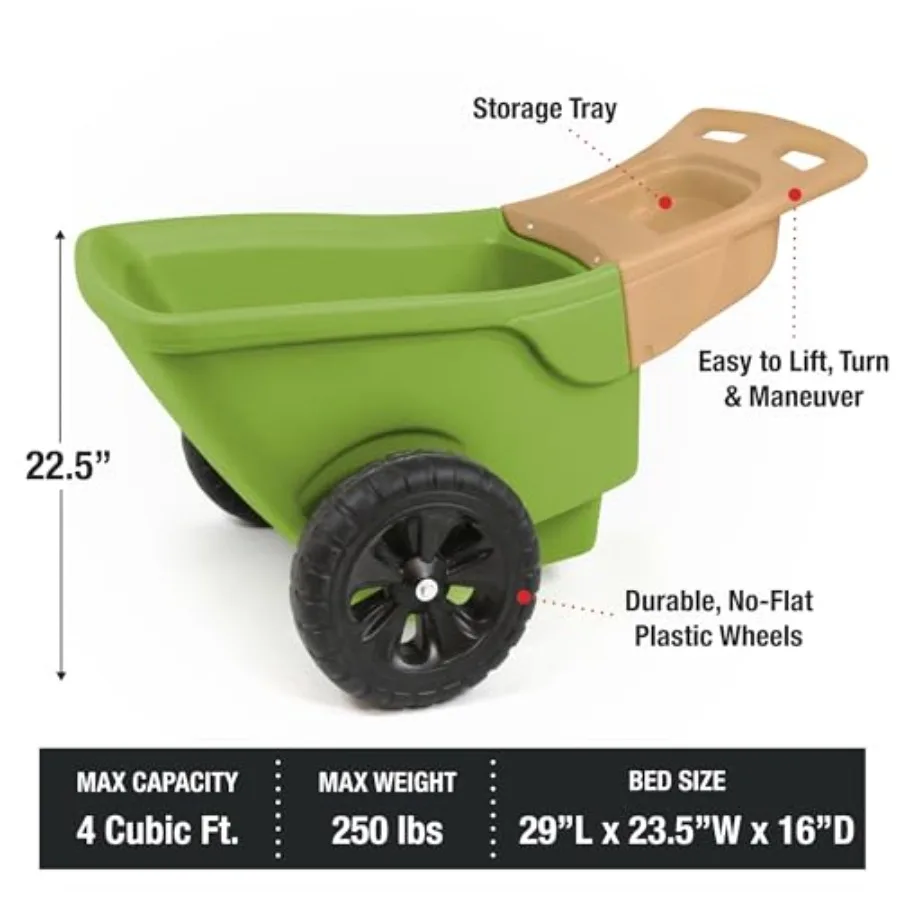 Garden wheelbarrow with tool storage tray, durable polyethylene body, green, large easy-turn wheels for smooth maneuverability