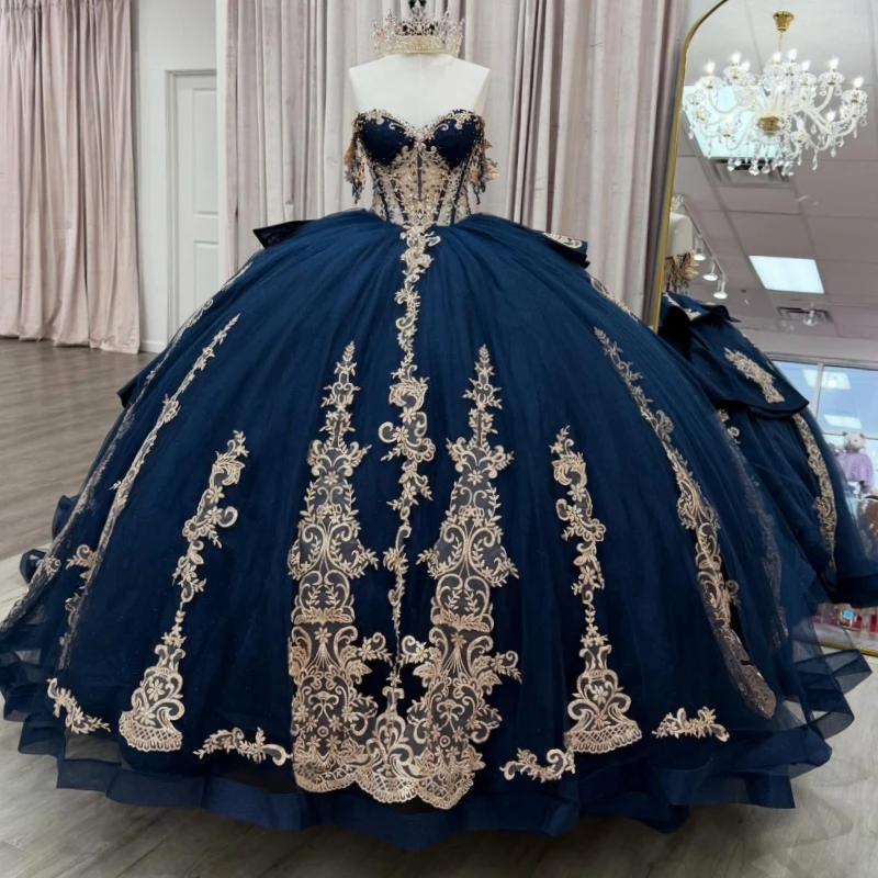 

Navy Blue Shiny Quinceanera Dresses Off The Shoulder Applique Lace Bow Beading Crystal Corset Party Birthday Sweet 16 Dress