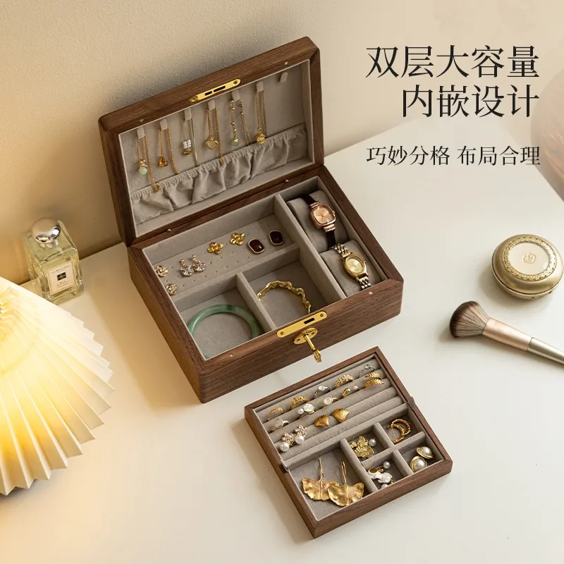Schmuckschatulle aus massivem Holz, Aufbewahrungsbox, hochwertig und exquisit mit Schloss, großes Fassungsvermögen von Ohrsteckern und Handschmuck.
