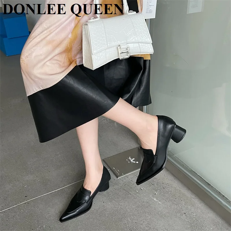 2022 Autumn Thick Heels Shoes Women Brand Vintage British Style Pointed Toe Retro Pumps Shallow Casual Shoes Zapatillas De Mujer