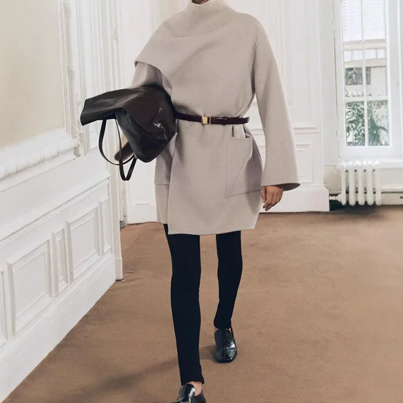 

Winter Woolen Women's Scarf Collar Coat Solid Pockets Long Sleeve Loose Midi Overcoats 2025 Autumn Winter Lady Fashion Outwear