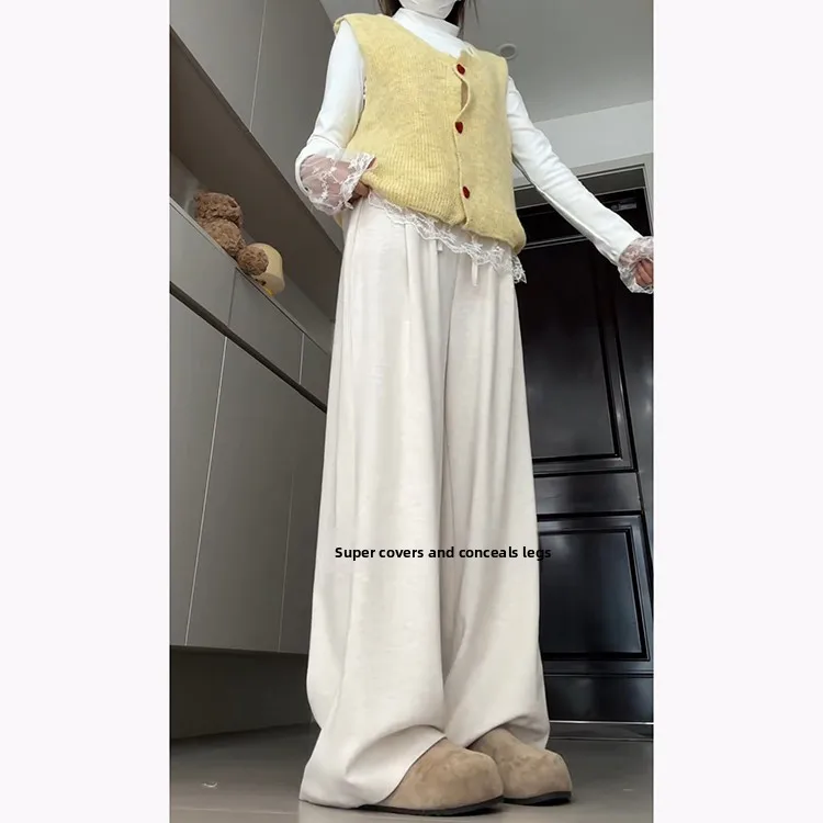 Coréen Sle doux pantalons décontractés femmes automne hiver nouveau pendentif mince tricoté riz nouilles pantalon taille haute jambe droite