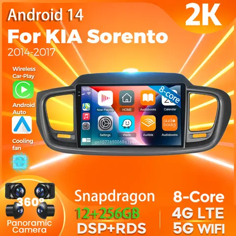 KiA Sorento 2014 - 2017 용 Android 14 Carplay DVD 차량용 라디오 헤드 유닛 2Din 멀티미디어 비디오 플레이어 스테레오 360 카메라 AI 음성