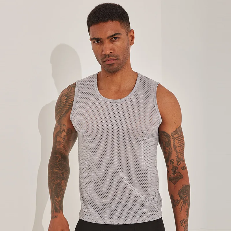 Men Ice Silk Tank Tops Underwear Mens Undershirt Mesh Holes Shirts Plus Size Male Fitness Wrestling Breathable Elastic Singlets