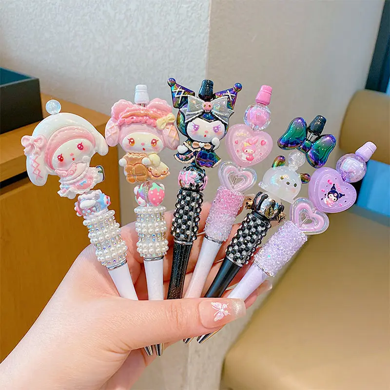 6Pcs Hot Miniso Kawaii Crystal Diamond 0.25Mm 1Mm Black Gel Pen Hello Kitty Cartoon Cute Student Bead Pen Fashion Stationery Kit