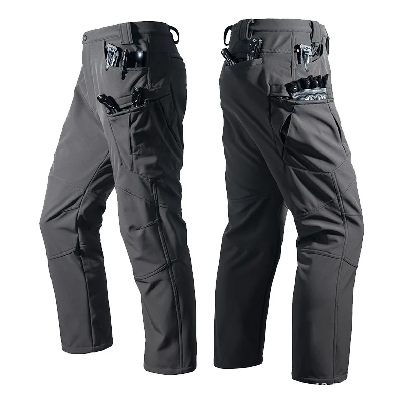 Men Tactical Cargo Pants Fleece Lined Waterproof Multi Pocket Elastic Waist Work Trousers Autumn Winter Outdoor Hiking Camping C