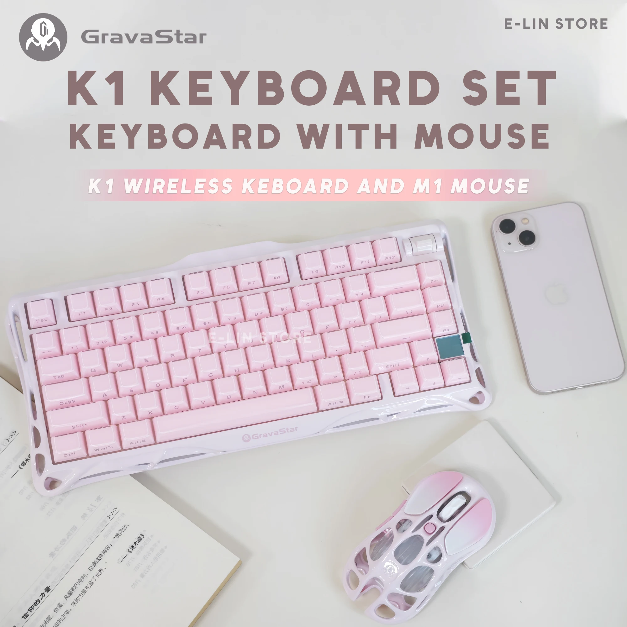 Conjunto de teclado e rato sem fios Gravastar Mercury K1, cor rosa, com tecnologia Bluetooth 2.4G, iluminação RGB e teclas substituíveis, ideal para j