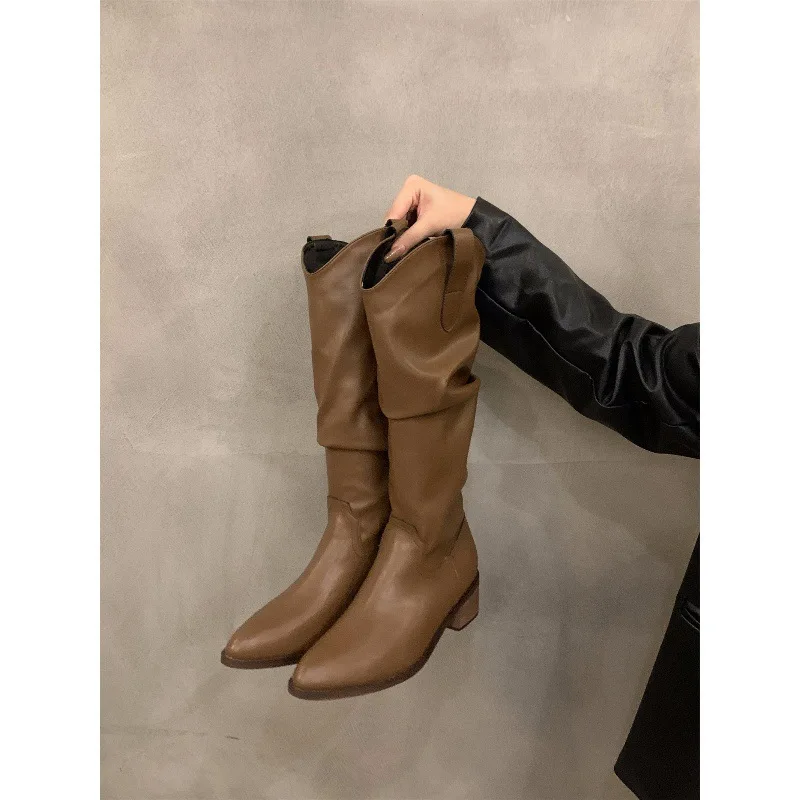 Knight Boots Lady 2025 Chunky Heel Autumn/Winter Western Comfortable High Top Thin Retro Slimming Pleated Pile Knee High Boots