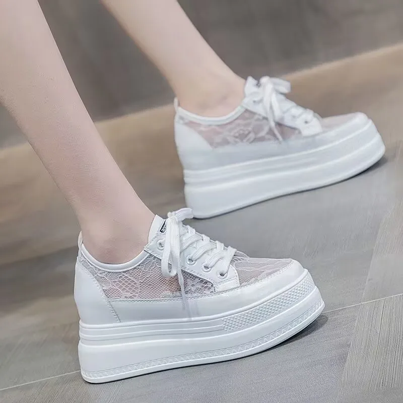 Summer Woman Platform Sneakers Wedge Shoes 2025 Female 8cm Height Increasing Ladies Lace Breathable Casual Shoes Canvas Shoes