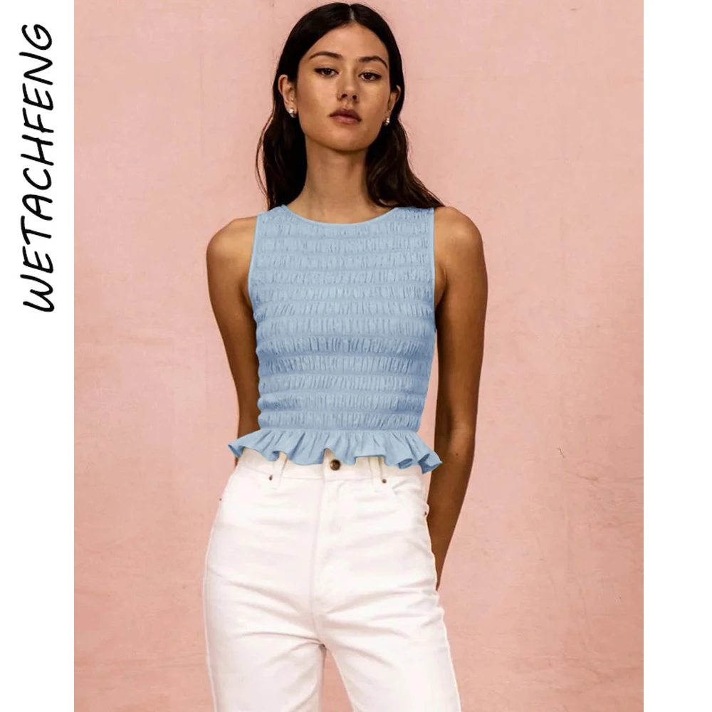 Black Sexy Sleeveless Folds Ruffles Women Tees Tops 2023 Fashion Y2K Streetwear France T Shirts Clothing Harajuku Summer Tops
