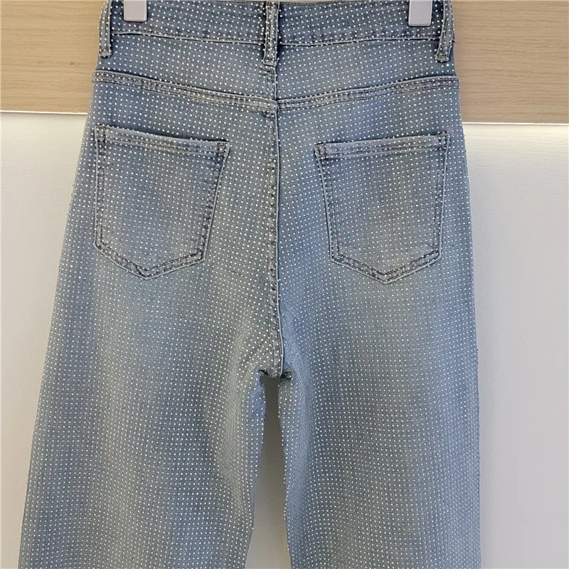 تألق الساخن الماس الجينز المرأة الضوء الأزرق واسعة الساق السراويل عالية الخصر الجينز مع الماس الشارع Trendsetters مستقيم الجينز