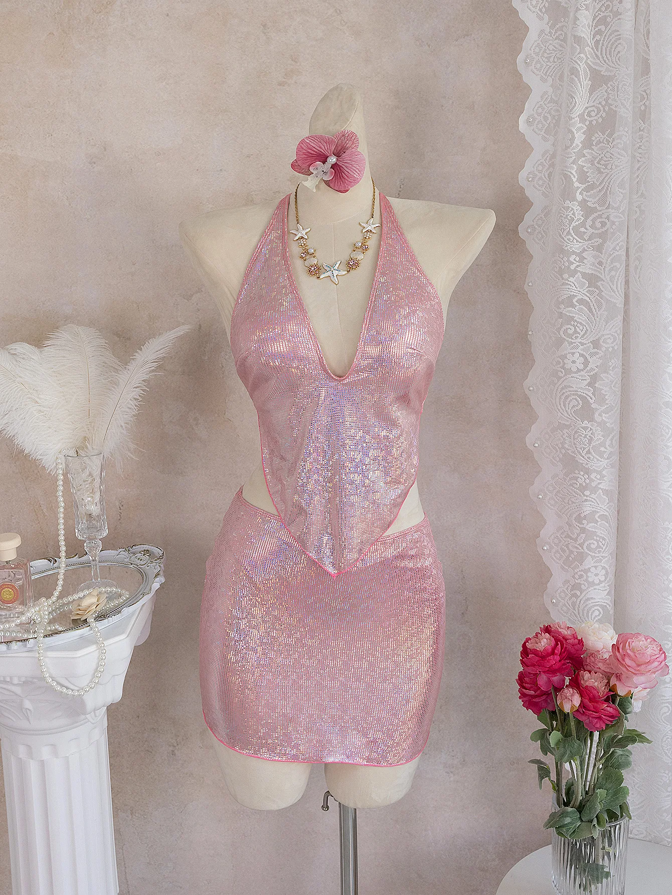 

sexy pink glitter sequin halter tie deep v-neck swimsuits 3pcs with mini skirt bikinis sets bathing suit swimwear tankini