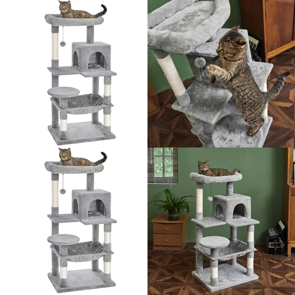 

Multi-Level 46.5 Cat Tower with Sisal Scratch Posts, Plush Perches, Hammock, and Condo in Light Gray
