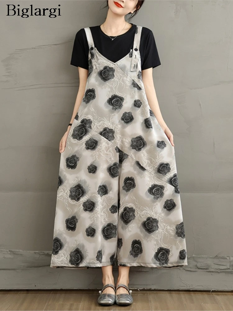 

Oversized Summer Sleeveless Overalls Pant Women Flower Floral Print Modis Wide Leg Ladies Overalls Trousers Loose Woman Jumpsuit