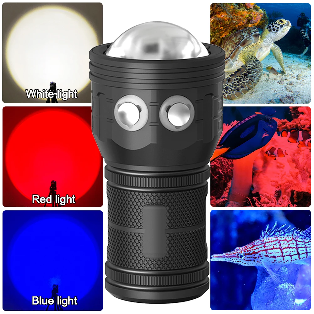 Super bright Diving Flashlight LED 3 color Underwater Fill Light Torch Rechargeable IPX-8 Waterproof Built in Battery Lantern