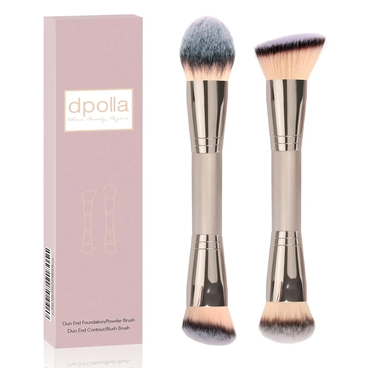 2Pcs Dual-Ended Makeup Brushes for Foundation, Powder, Blush & Contour - Travel-Friendly & Silky Soft