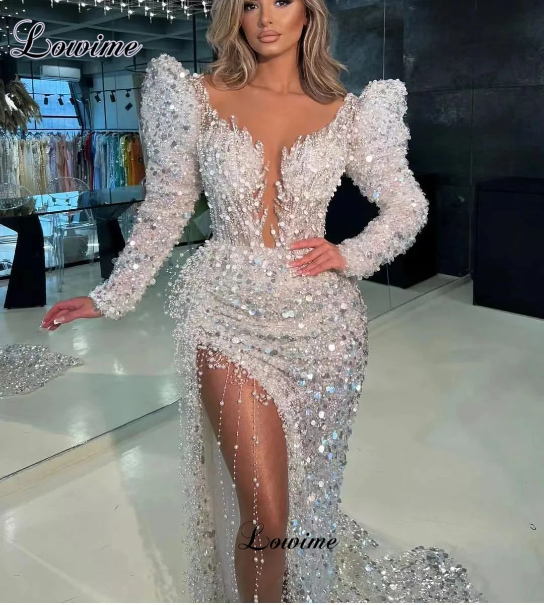 New Fashion Ivory Sequined Prom Dresses With Side Slit Long Sleeves Cocktail Dresses For Women Vestidos De Cóctel Party Gowns