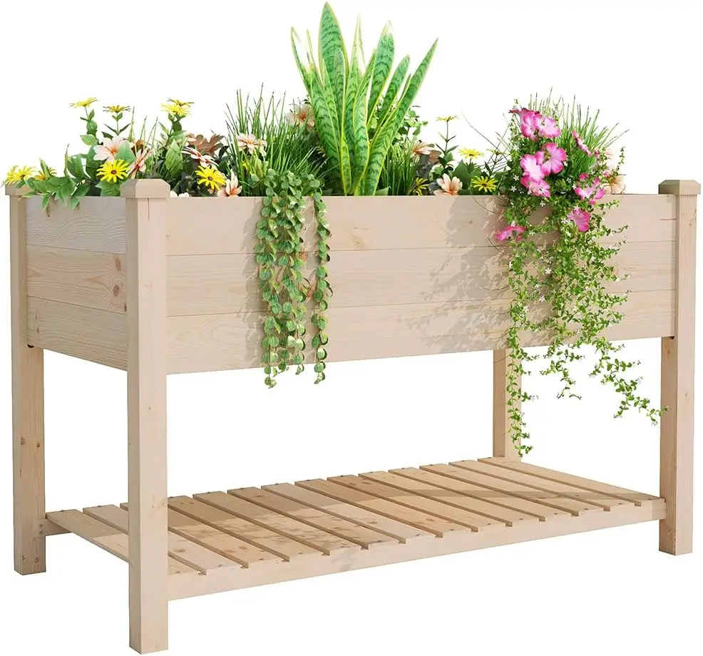 BIRASIL Outdoor Wood Raised Garden Bed, Elevated Reinforced Large Planter Box with Storage Shelf for Vegetable Flower Backyard P