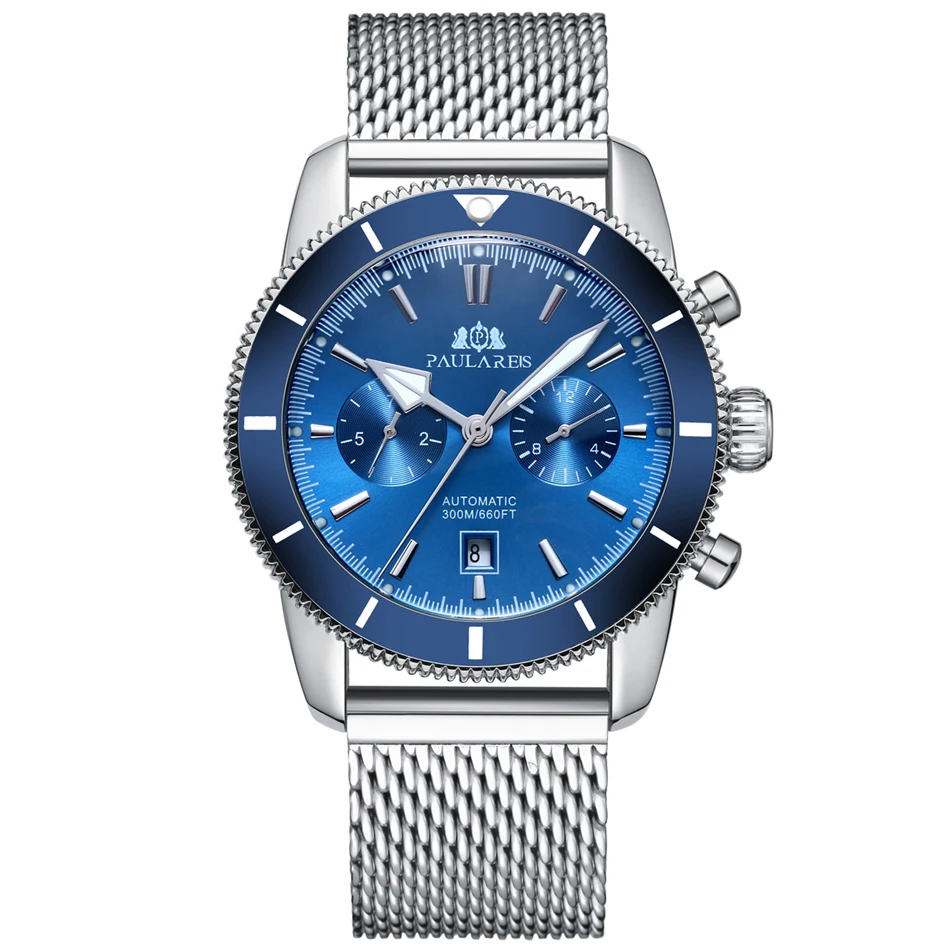 Männer Automatische Selbst Wind Mechanische Net Edelstahl Schwarz Blau Leder Super Heritage Big Gesicht 46mm Ozean Uhr