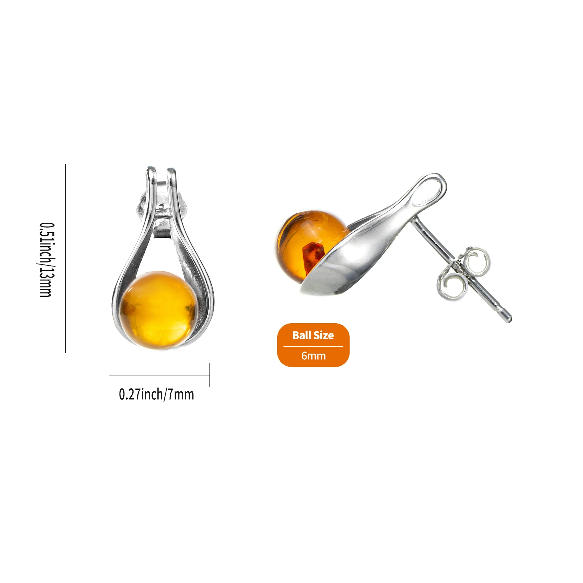 Genuine Baltic Amber Boots Stud Ball Earrings for Women in 925 Sterling Silver, Rich Cognac Color