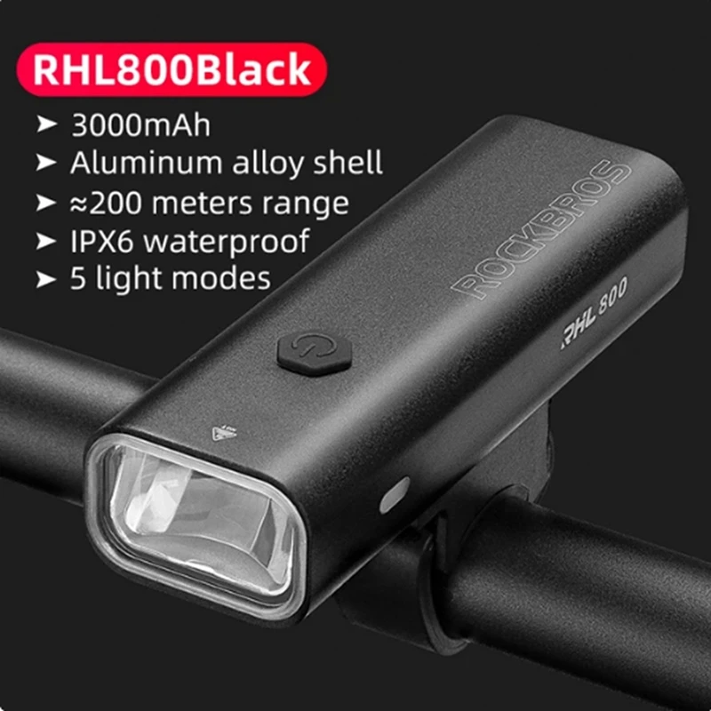 ROCKBROS 1 PCS USB Rechargeable Bicycle Front Light Cycling Headlight 800LM Black Super Bright Flashlight Bike Headlight