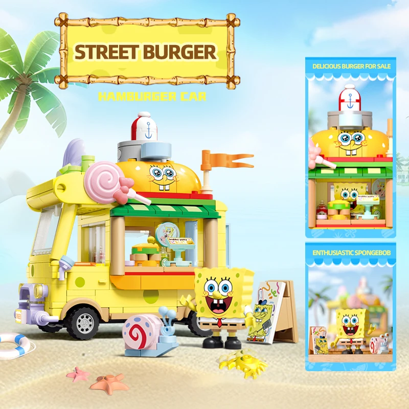 SpongeBob SquarePants Series Building Blocks Hamburger Car Patrick Star Dessert Ice Cream Car Model Bricks Kids DIY Toys Gifts