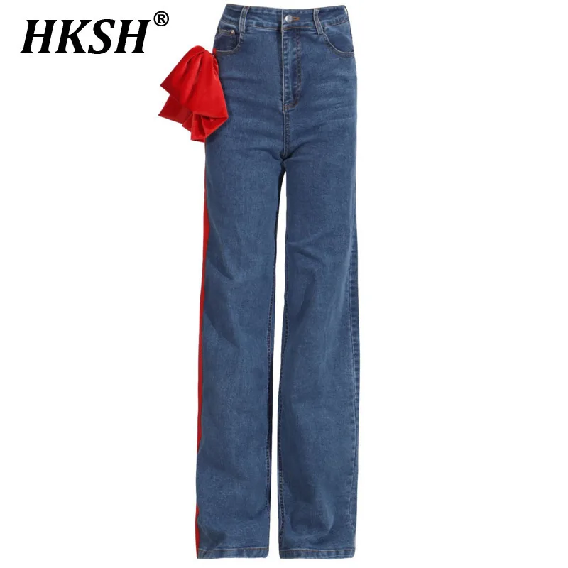

HKSH Spring New Women Tide Streetwear Punk Denim Pants Y2K American Trend Patchwork Retro Chic High Waist Straight Jeans HK4703