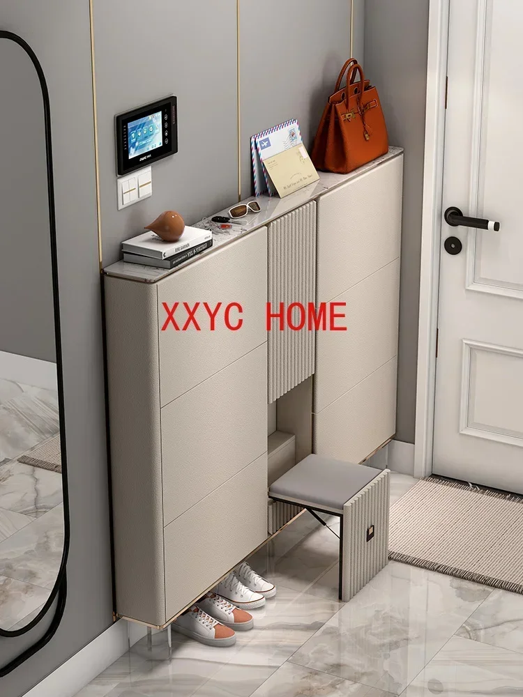 

Italian Minimalist Ultra-Thin Home Door Shoe Changing Stool Integrated Sitting Tilting Entrance Cabinet Narrow