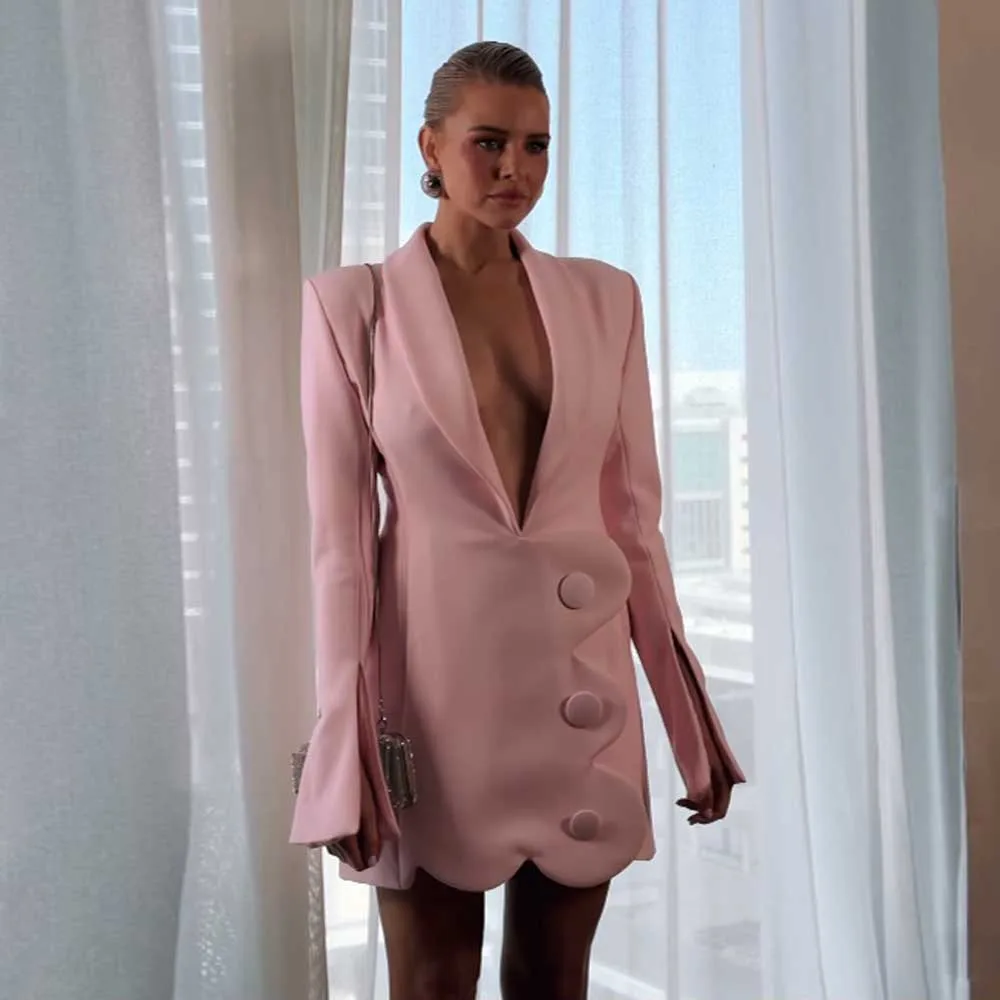 New Arrival Blush Blazer Dress Fashion Cut-out V Neck Mini Dress Women Suits Formal Party Dresses Short Prom Gown Custom Outfit