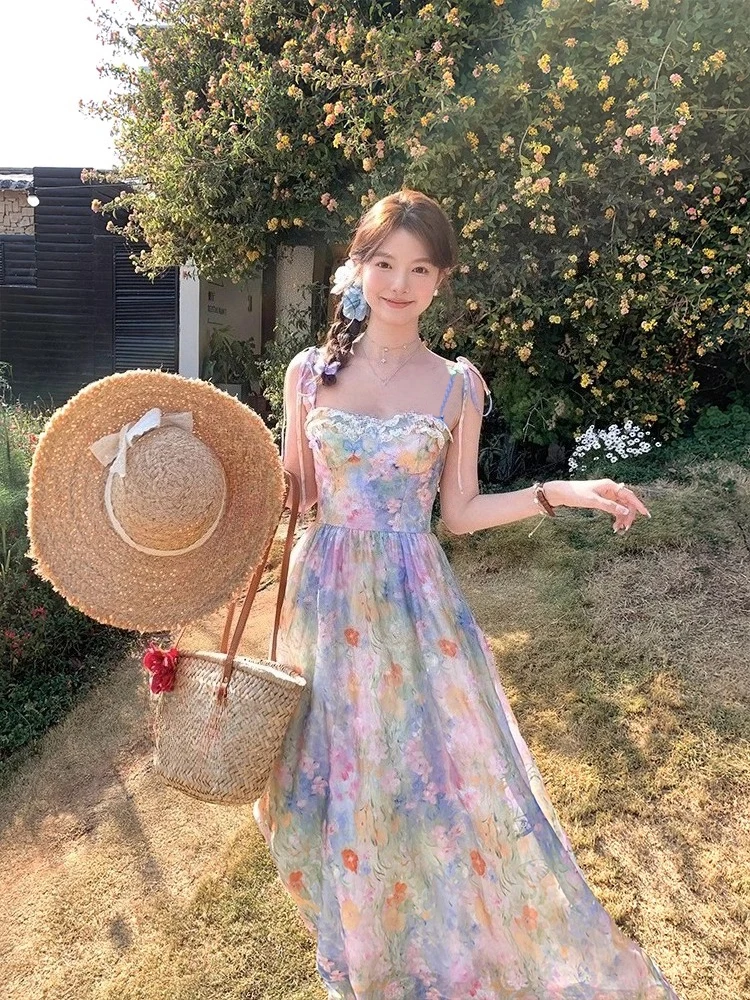 French Elegant Floral Strap Dress Women Sweet Beach Style Korean Fashion  Clothing Evening Party Vintage Midi Dress Evening Party - AliExpress  200000345