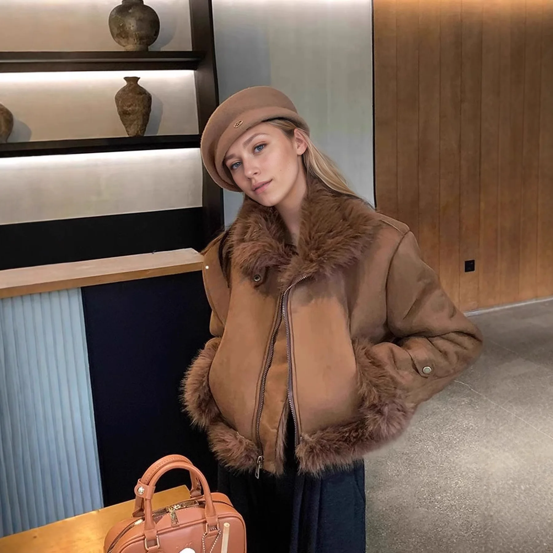 Europe, America, Popular Deerskin, Fleece Collar, Fur Integrated Locomotive Clothes, Jackets, Age-reducing Foreign Gas Jackets A