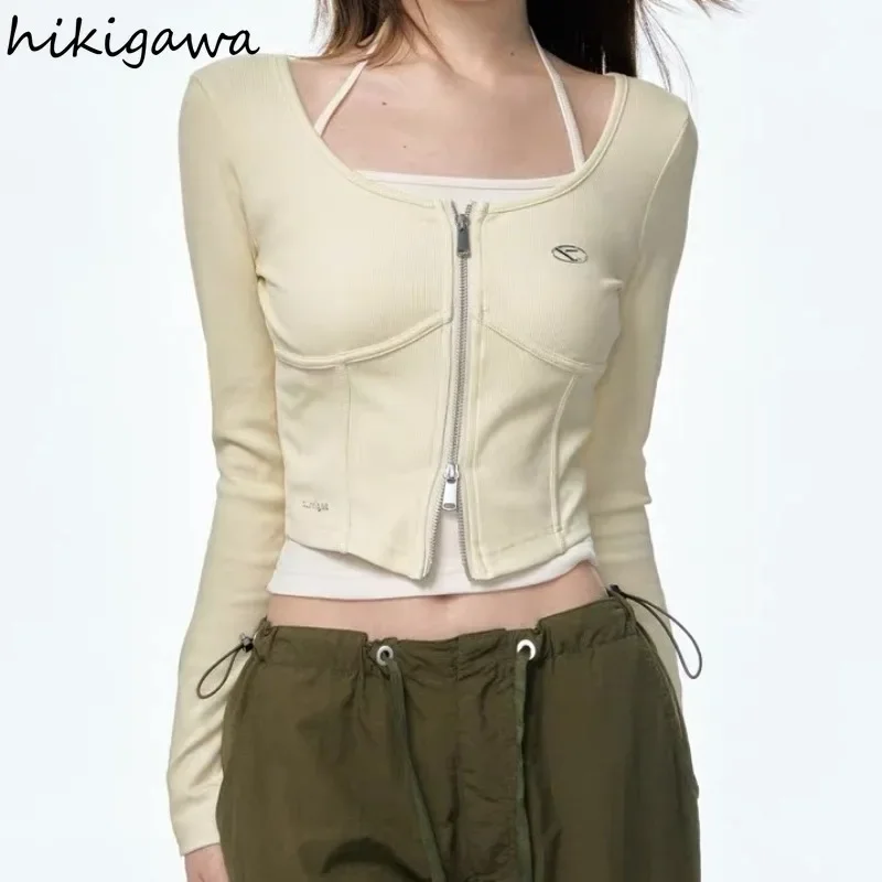 Crop Tops Solid Color Zipper T Shirts Sets Two Piece Set Long Sleeve Tunic Tshirt Sexy Vest Suit Women Clothing Sexy Y2k Outfits