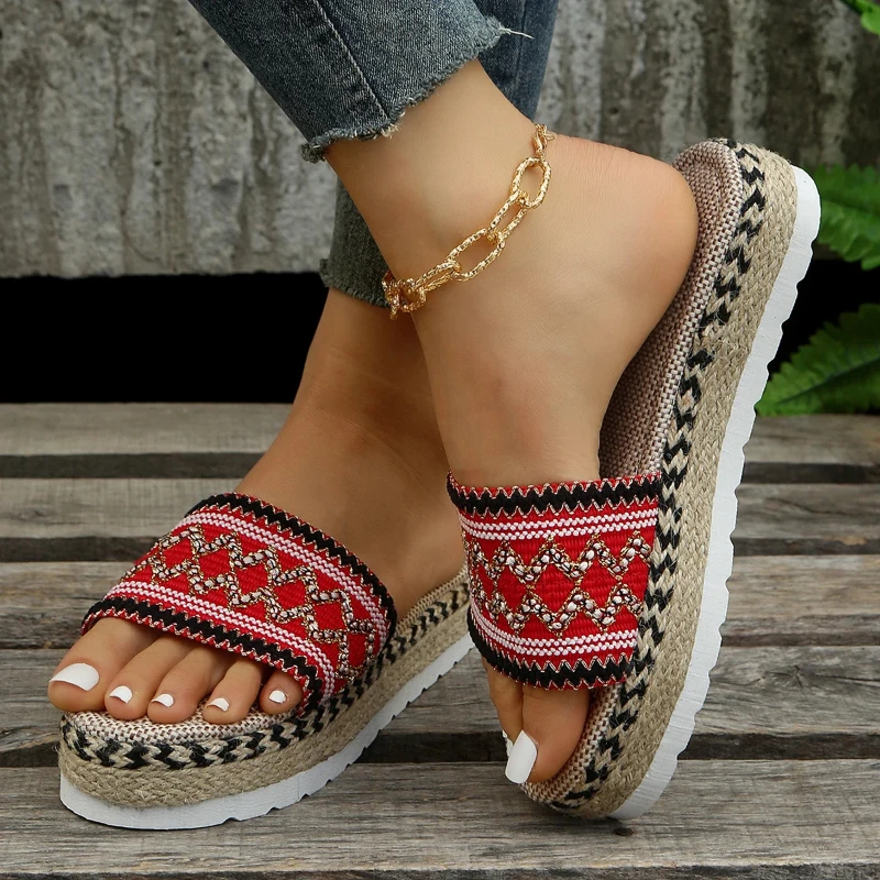 Weave Women's Slippers Platform Summer Shoes for Women 2024 New Beach Casual Heeled Sandals Bohemian Handmade Ladies Espadrilles