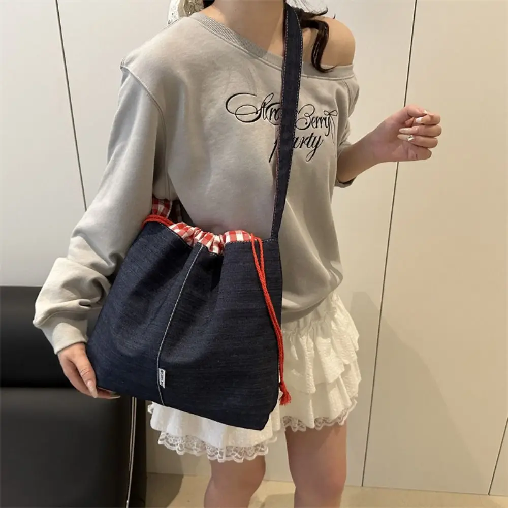 

Simple Cloth Drawstring Bucket Bag Korean Style Retro Denim Canvas Bag Geometric Large Capacity Tote Bag Travel