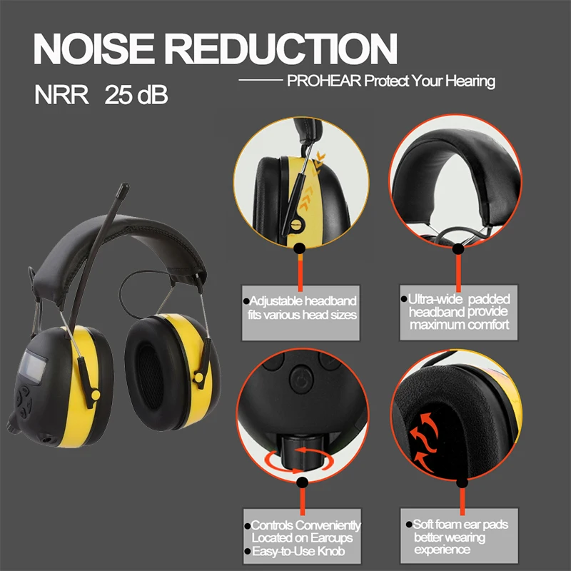 Electronic Bluetooth 5.0 Headphone Earmuffs FM/AM Radio Hearing Protection Headset Safety Rechargeable Ear protector