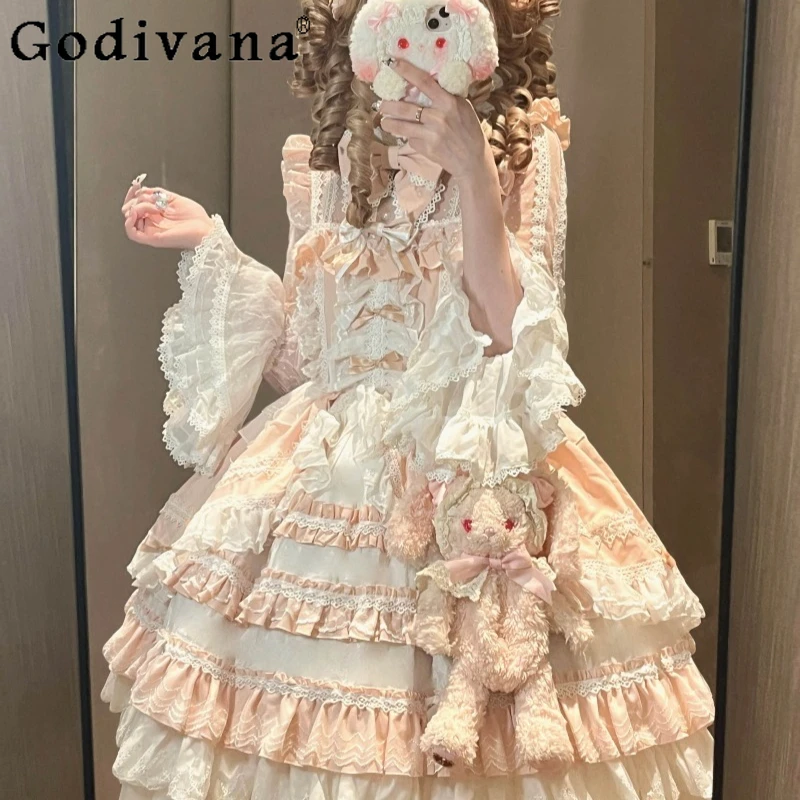 Vintage Lolita OP Style Dress for Women Japanese Cute Lace Full Dress Set with Hairband Female Princess Sweet Party Dress