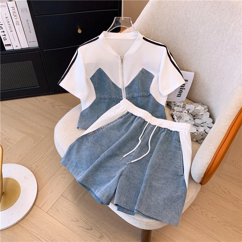 Denim patchwork Two-piece Set Women Summer HongKong Tops Wide Leg Shorts Short-sleeved zipper Shirt+Shorts Casual Sports Suit