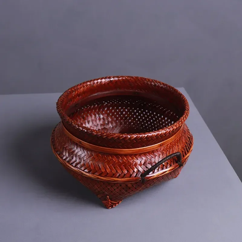 Tung Oil Lacquer Bamboo Woven Basket Retro Handicraft Storage Box Fruit Basket Natural Bamboo Craft Home Organization