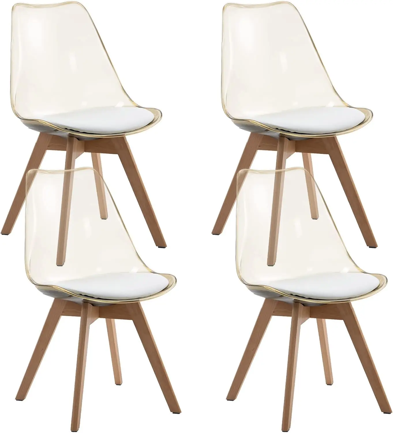 Ensemble de 4 chaises de salle à manger, chaises d'appoint modernes en acrylique transparent avec siège en cuir PU et hêtre massif