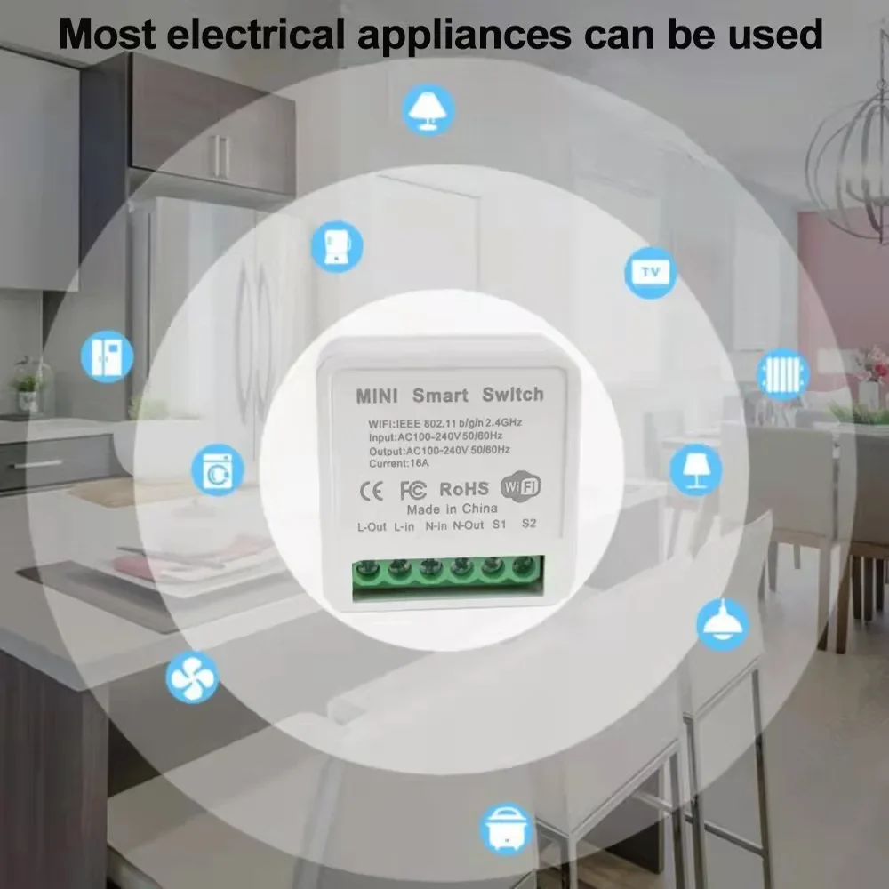 Wifi Mini Smart Switch 16A DIY Light Switches 2 Way Wireless Smart Home with Tuya Smart Life EweLink Alexa Alice Google Home